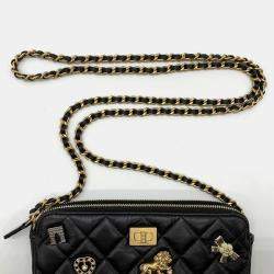 Chanel Chanel 2.55 Chain Wallet Matelasse Lucky Charm Heart Key Ribbon Arc De Triomphe Lion Lambskin Black