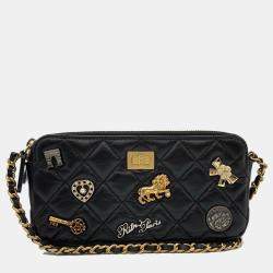 Chanel Chanel 2.55 Chain Wallet Matelasse Lucky Charm Heart Key Ribbon Arc De Triomphe Lion Lambskin Black