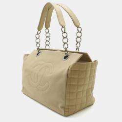 Chanel Beige Canvas Leather Coco Mark Chain Shoulder Tote bag