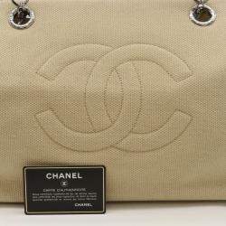 Chanel Beige Canvas Leather Coco Mark Chain Shoulder Tote bag