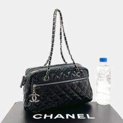 Pre Owned Chanel Navy Patent Leather Matelasse Chain Shoulder Handbag