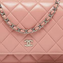 Chanel Peach Pink Quilted Leather CC Flap Wallet on Chain