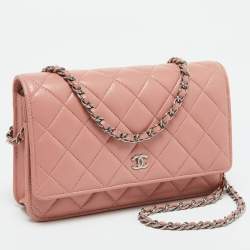 Chanel Peach Pink Quilted Leather CC Flap Wallet on Chain