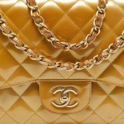 Pre Owned Chanel Gold Quilted Patent Leather Jumbo Classic Single Flap Bag