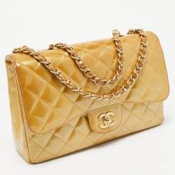 Pre Owned Chanel Gold Quilted Patent Leather Jumbo Classic Single Flap Bag