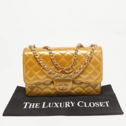 Pre Owned Chanel Gold Quilted Patent Leather Jumbo Classic Single Flap Bag