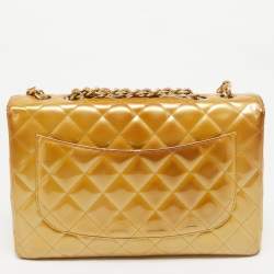 Pre Owned Chanel Gold Quilted Patent Leather Jumbo Classic Single Flap Bag