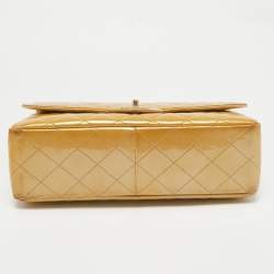 Pre Owned Chanel Gold Quilted Patent Leather Jumbo Classic Single Flap Bag