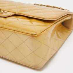 Pre Owned Chanel Gold Quilted Patent Leather Jumbo Classic Single Flap Bag
