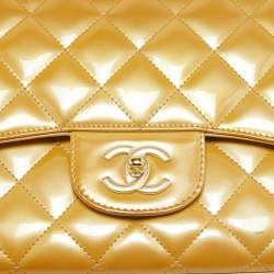 Pre Owned Chanel Gold Quilted Patent Leather Jumbo Classic Single Flap Bag