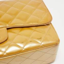Pre Owned Chanel Gold Quilted Patent Leather Jumbo Classic Single Flap Bag