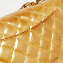 Pre Owned Chanel Gold Quilted Patent Leather Jumbo Classic Single Flap Bag