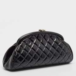 Pre Owned Chanel Black Quilted Patent Leather Kiss Lock Clutch