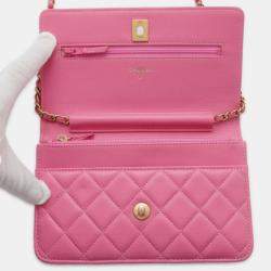 Chanel Pink Lambskin Chain wallet with coco ball