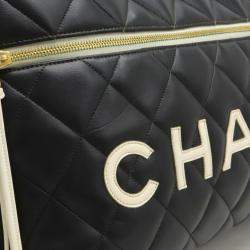 Chanel Black White Leather Matelasse Bowling Boston Bag