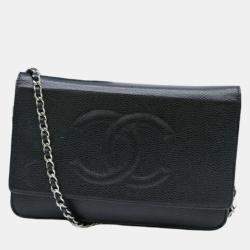Chanel Black Coco Mark Caviar Skin Chain Wallet