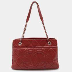 Chanel Red Leather Matelasse Caviar Skin Coco Mark Chain Tote Bag