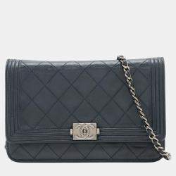 Chanel Navy Leather Boy Chanel Chain Long Wallet Bag