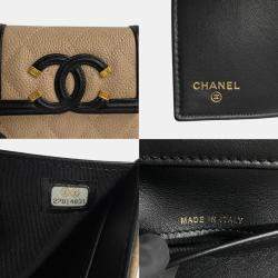 Chanel Beige Black Caviar Skin CC Filigree Matelasse Leather Coco Mark Bi-fold Wallet