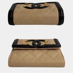 Chanel Beige Black Caviar Skin CC Filigree Matelasse Leather Coco Mark Bi-fold Wallet