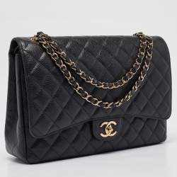Pre Owned Chanel Black Quilted Caviar Leather Maxi Classic Double Flap Bag