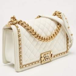 Chanel Off White Quilted Caviar Leather Medium Chain Around Boy Flap Bag