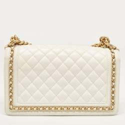 Chanel Off White Quilted Caviar Leather Medium Chain Around Boy Flap Bag