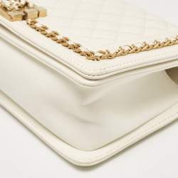 Chanel Off White Quilted Caviar Leather Medium Chain Around Boy Flap Bag