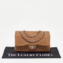 Pre Owned Chanel Brown Python Leather Medium Classic Double Flap Bag