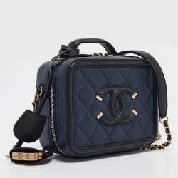 Chanel Navy Blue/Black Quilted Caviar Leather Small CC Filigree Vanity Case Bag