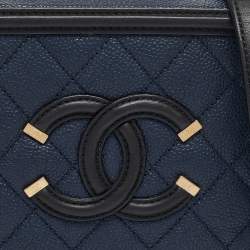 Chanel Navy Blue/Black Quilted Caviar Leather Small CC Filigree Vanity Case Bag