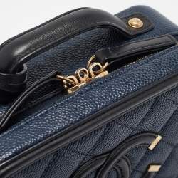 Chanel Navy Blue/Black Quilted Caviar Leather Small CC Filigree Vanity Case Bag