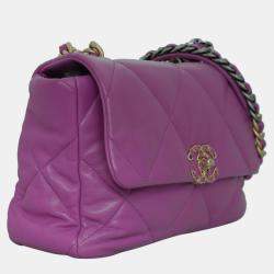 Pre Owned  Chanel Violet Leather Quilted Small 19 Shoulder Bag