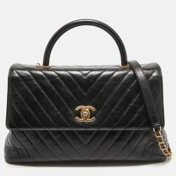 Chanel Black Chevron Leather Medium Coco Top Handle Bag