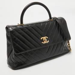 Chanel Black Chevron Leather Medium Coco Top Handle Bag