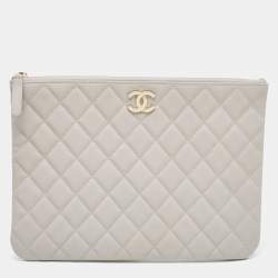Pre Owned Chanel Grey Quilted Cavair Leather CC Zip Pouch