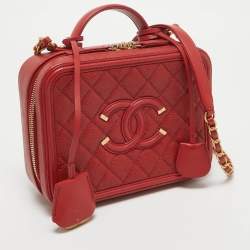 Pre Owned Chanel Red Quilted Caviar Leather Medium CC Filigree Vanity Case Bag