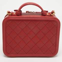Pre Owned Chanel Red Quilted Caviar Leather Medium CC Filigree Vanity Case Bag