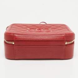 Pre Owned Chanel Red Quilted Caviar Leather Medium CC Filigree Vanity Case Bag