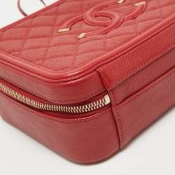 Pre Owned Chanel Red Quilted Caviar Leather Medium CC Filigree Vanity Case Bag