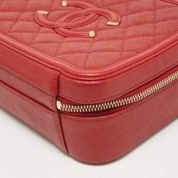 Pre Owned Chanel Red Quilted Caviar Leather Medium CC Filigree Vanity Case Bag