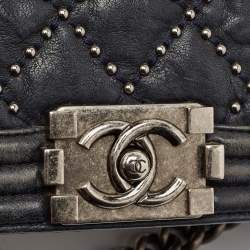 Pre Owned Chanel Navy Blue Quilted Leather New Medium Studded Boy Flap Bag