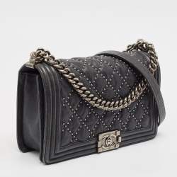 Pre Owned Chanel Navy Blue Quilted Leather New Medium Studded Boy Flap Bag