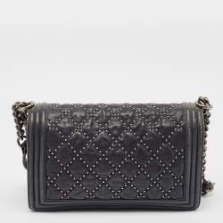 Pre Owned Chanel Navy Blue Quilted Leather New Medium Studded Boy Flap Bag