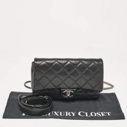 Pre Owned Chanel Black Quilted Goatskin Leather Medium Double Carry Waist Flap Bag