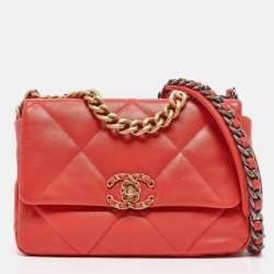 Pre Owned Chanel Orange Quilted Leather Small 19 Flap Bag