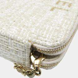 Chanel Light Beige Off-white Tweed Chain/Shoulder Wallet