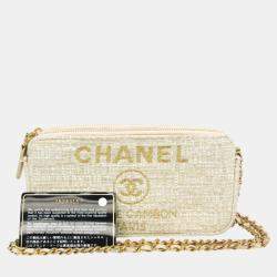 Chanel Light Beige Off-white Tweed Chain/Shoulder Wallet