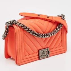 Chanel Orange Chevron Leather Medium Boy Flap Bag