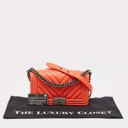 Chanel Orange Chevron Leather Medium Boy Flap Bag
